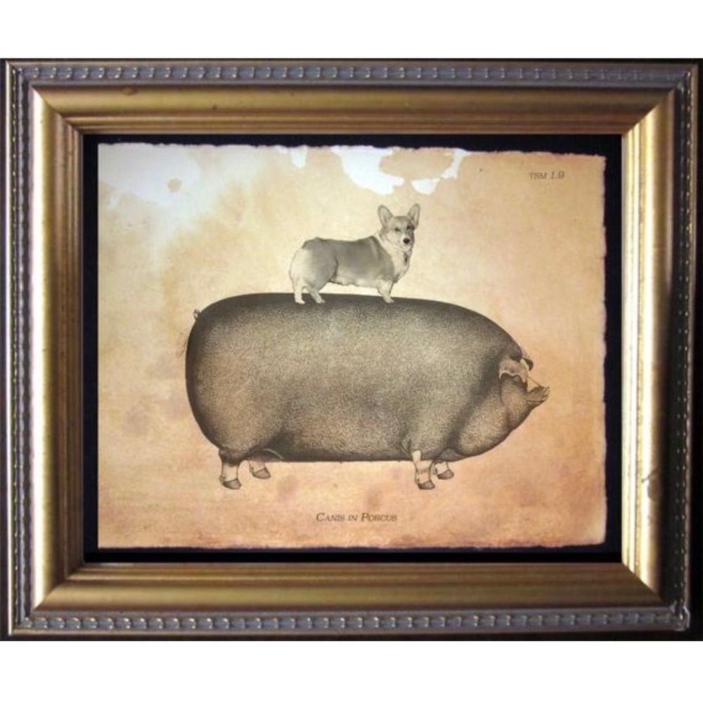 Corgi Dog on Pig Wall Art Print Tea Stained Paper